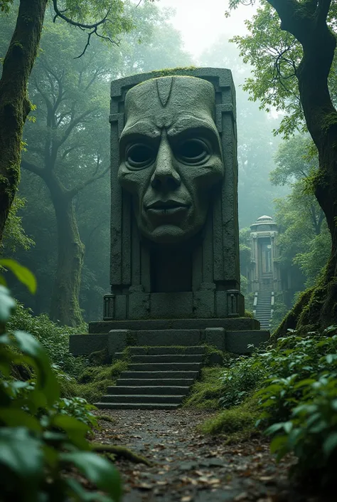 there is a stone statue in the middle of a forest, stone eyes, epic 3d oxaguian, movie frame &#39;Tomb Raider&#39;, by Simon de Vlieger, ancient sacred architecture, monstrous mask, anamorphic widescreen, photorealistic-n 9, neoandean architecture, ps2 gra...