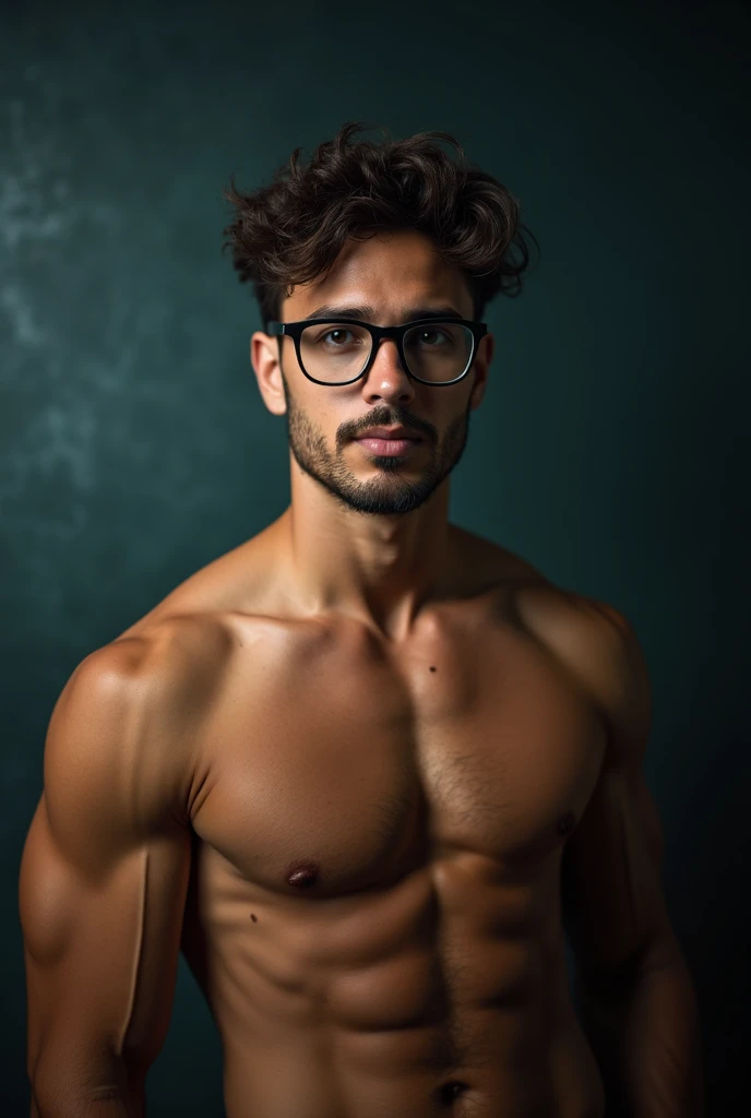 Creative photo for the birthday of a young man with glasses and a bodybuilder