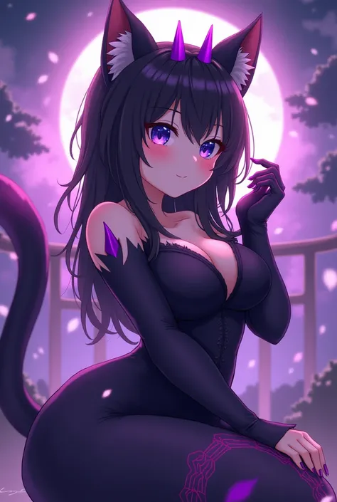 furry cat girl, anime western style art, small cat ears, fur covered succubus tail, medium sized breasts, blue slightly violet colored cat eyes, thin slit irises, thin iris, violet magical aura, small closed lip smile, medium to small size body, black kimo...