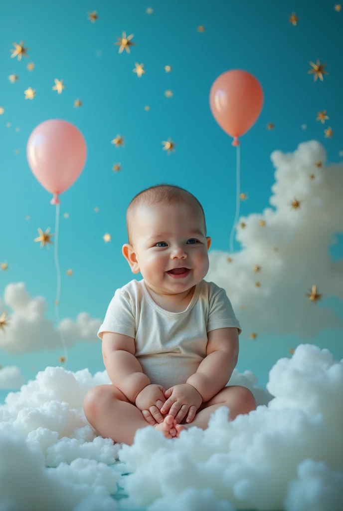 arafed baby sitting in front of a backdrop of balloons and stars, a portrait by Julia Pishtar, shutterstock, surrealism, blue backdrop, lie on white clouds fairyland, portrait photo of a backdrop, portrait shot, blue themed, with a blue background, cyan ph...