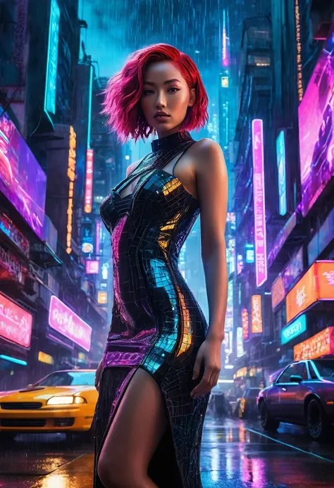 a striking woman stands in the heart of a neon-drenched cyberpunk metropolis at dusk. her fiery red hair cascades down her shoul...