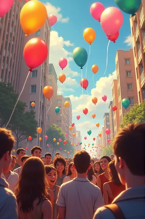 Wallpaper 1024x768 , people in a big celebration with colorful balloons in the sky, happy people on the street 