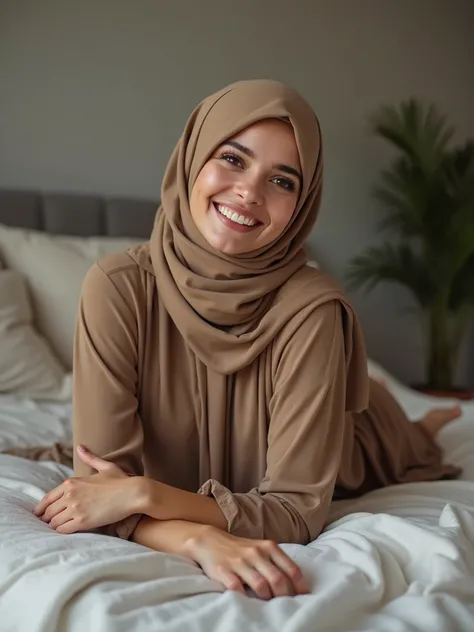 a naked sexy and horny Muslim girl smiling satisfied with body full frontal resting at the sofa bed after sexual intercourse