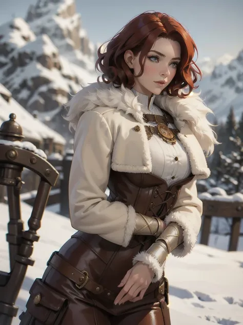 steampunk woman, short curly red hair, ivory fur coat, detailed face, early morning, snowy mountains, depth of field, blurry bac...