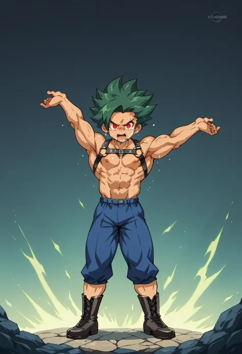 Highest quality,8k,Intricate details,Detailed,Huge muscles,Crying face,Lots of drool and sweat,Harness,Young face,teenager face,Huge erect penis,Full body image,Young body,Muscular legs,Wearing boots,Large, toned muscles,Goku,super saiyan,Imminent sexual a...