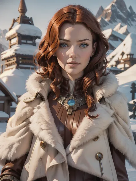 steampunk woman, short curly red hair, ivory fur coat, detailed face, early morning, snowy mountains, depth of field, blurry bac...