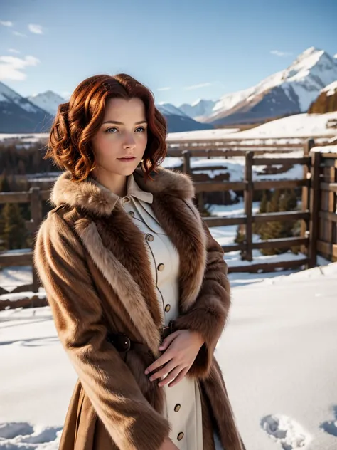 steampunk woman, short curly red hair, ivory fur coat, detailed face, early morning, snowy mountains, depth of field, blurry bac...