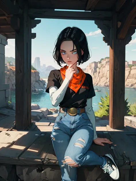 (masterpiece), Highest quality, Expressive eyes, Perfect Face, High resolution, 1 person, alone, Android 17 Boy, (Male body:1.3), blue eyes, black short hair,Parted hair,short hair, Black Shirt, jeans, Layered shirt, White sleeves,Orange Bandana, Blue snea...