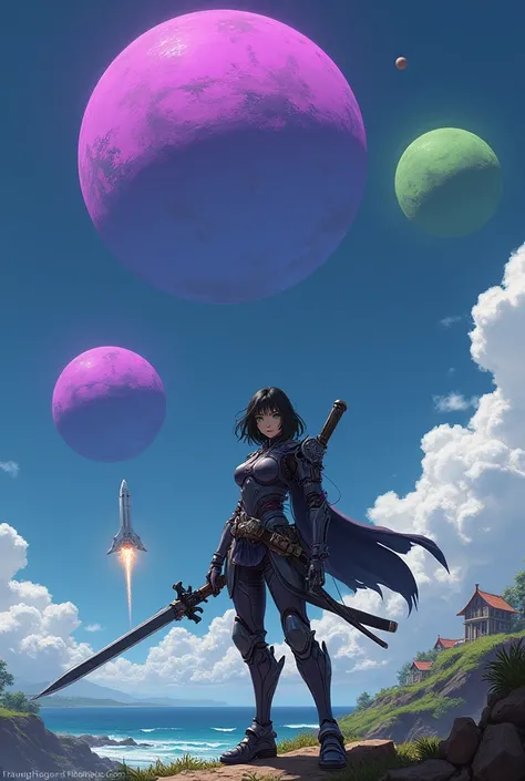 (photorealism:1.2), two purple planets, ohne Green Planet, Explosion in the sky, asian Girl in cyberpunk armor with Green eyes and Samurai sword and rifle, sea and house, dark Blue sky, white spaceship drop bomb