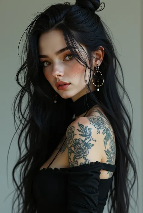 A very white girl, long wavy black hair. 
big honey colored eyes. 
Age 25 years.
Tough look Black clothes and some tattoos.