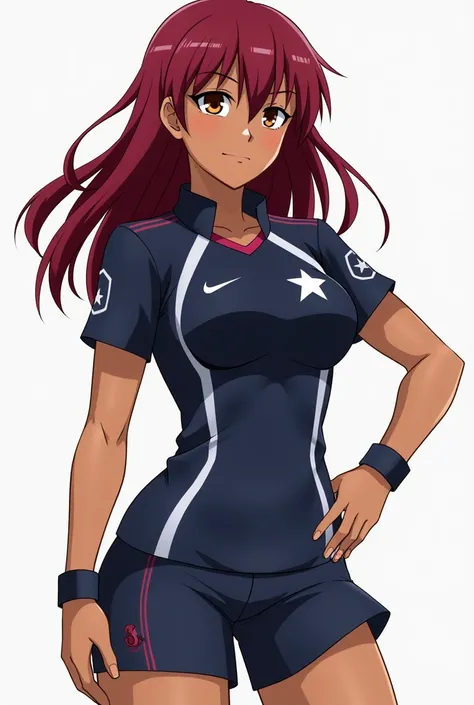 Inazuma eleven character, woman with red dark hair and brown eyes. Medium dark skin. Generate a uniform with a silver star.