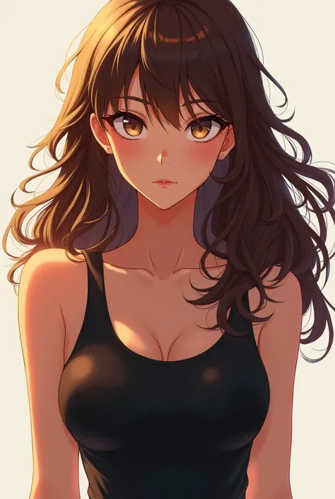 Teenage girl with wavy, long, brown hair, with layers, light brown eyes, small nose, big lips, tanned skin, anime type, tight black tank top