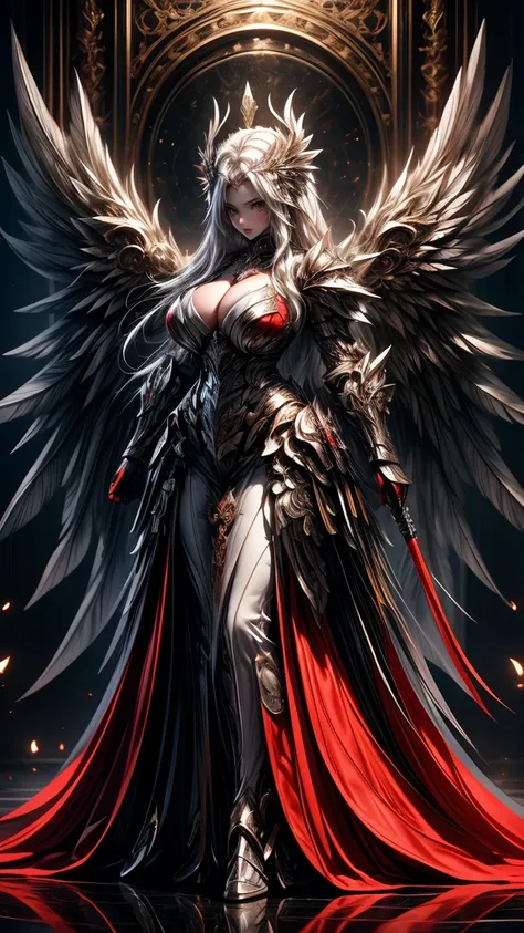 young intricate woman in a battle field with a majestic bow in her hand, beautiful woman, long white hair, white hair, bright silver eyes, , pale white skinned, , focused expression, ready for battle, wearing battle armor, with large white angle wings on h...