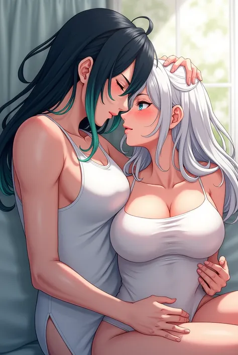 generate image of Muichiro, Demon Slayer anime character, long black hair with mint tips, lying with his face buried in the breasts of a very beautiful girl, blue eyes, blushing, long white hair..The girl has slightly large breasts, wearing a white tank to...