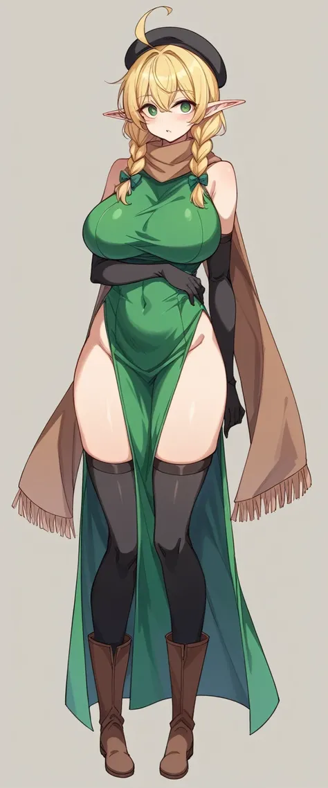 Elf、1 female、women only、short hair、twin braids、ahoge、blonde、(thin)、Big Breasts、expensive、Hollow Eyes、Black elbow gloves、((black thigh highs))、little black beret、Brown scarf、Green dress、Brown boots、(full body)、Are standing、thin太もも、shoulder、belly button、isek...