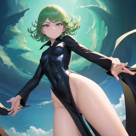 Masterpiece, Best Quality, Ultra Detailed, Illustration, Epic Lighting, Cinematic Composition, 1 Girl, Tatsumaki, Very Small Breasts, Black Dress, Pelvic Curtain, Long Sleeves, Green Eyes, Bright Eyes, Arms Crossed, Pouting, Closed Mouth, Piercing Gaze, Do...