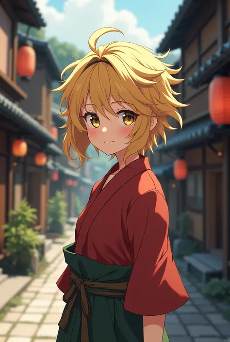  anime boy with blond hair in a old samouraï japanese street