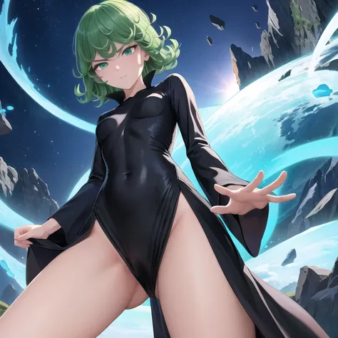 Masterpiece, Best Quality, Ultra Detailed, Illustration, Epic Lighting, Cinematic Composition, 1 Girl, Tatsumaki, Very Small Breasts, Black Dress, Pelvic Curtain, Long Sleeves, Green Eyes, Bright Eyes, Arms Crossed, Pouting, Closed Mouth, Piercing Gaze, Do...