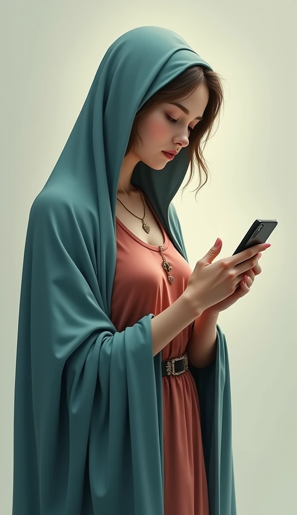 A very beautiful modern Virgin Mary  , Reddish beige T-shirt with blue cloak and veil, Looking at smartphone 