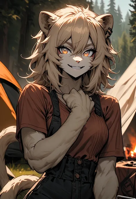 solo female, lion girl, lion ears and tail, short wild sandy hair, hazel eyes, fit, broad shoulders, narrow waist, curvaceous, tomboy, smile, furry claws, casual clothes, underbrush, outdoors, camping, close up, muscular:0.3, furry forearms, human face