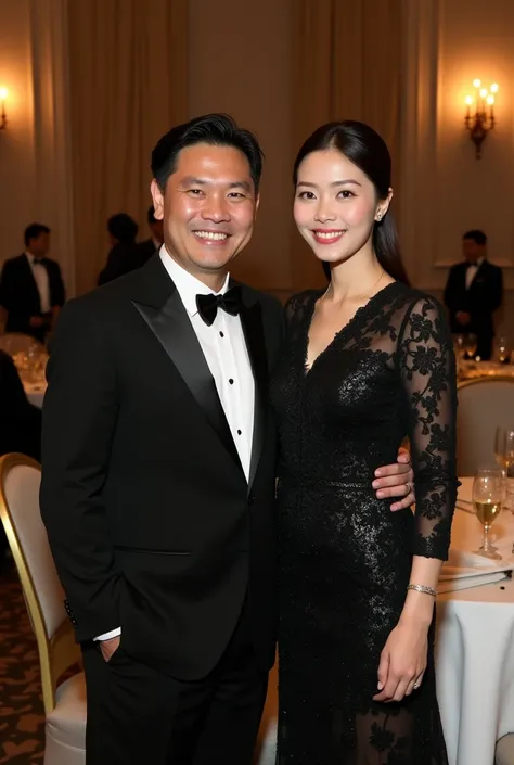 An asian couple in formal wear in a hotel anniversary’s party not too intimate pose