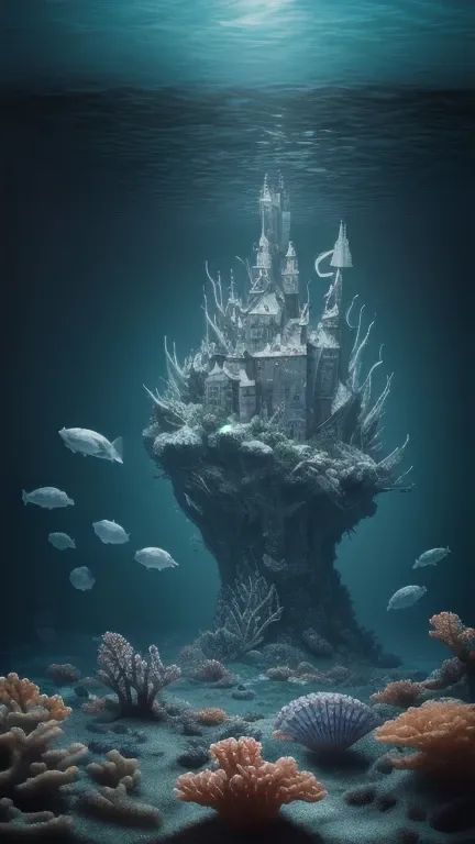 in the middle of the ocean there is a mysterious castle made of a huge shell. Large jellyfish and seahorses swim around. There are corals and sea plants nearby.. science fiction, dramatic lighting, dramatic fantasy scene, dark gloomy atmosphere, detailed t...