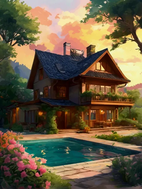 Cartoon illustration、Line Illustration、Bright color scheme，warmth，3-storey house，There is a yard and swimming pool on the first floor，Children playing in the swimming pool，There is a big tent。Depth of Field，panoramic，A spacious and cozy living area，There i...