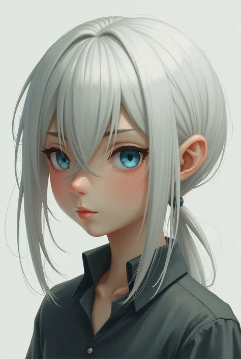 Boy with white hair , long hair a little below her shoulders , with a pigtail , expressionless look , blue eyes  , looking straight ahead 