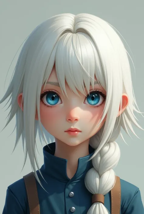 Boy with white hair , long hair a little below her shoulders , with a pigtail , expressionless look , blue eyes  , looking straight ahead 