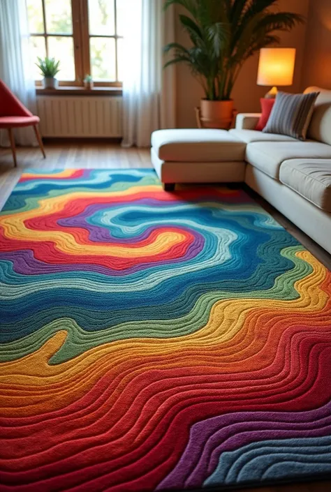 Tufted living room rugs in colorful waves in a living room 