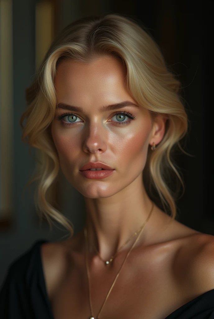 a beautiful woman, Nicole Kidman, detailed portrait, striking blue eyes, defined cheekbones, full lips, perfect skin, elegant hairstyle, glowing complexion, dramatic lighting, high-fashion, cinematic quality, oil painting, masterpiece, photorealistic, 8K