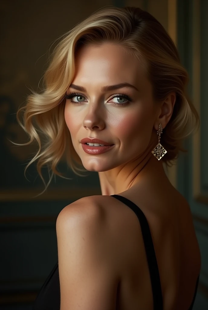 a beautiful woman, Nicole Kidman, detailed portrait, striking blue eyes, defined cheekbones, full lips, perfect skin, elegant hairstyle, glowing complexion, dramatic lighting, high-fashion, cinematic quality, oil painting, masterpiece, photorealistic, 8K