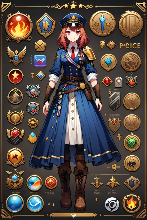 Framed Presentation of a police, woman character design sheet for a video game with detailed accessories, boots, multiple icons, and police costume, Ball Gown, buttons to customize the character to your liking, sphere,(game icon),medal icon,rpg,(game icon)...