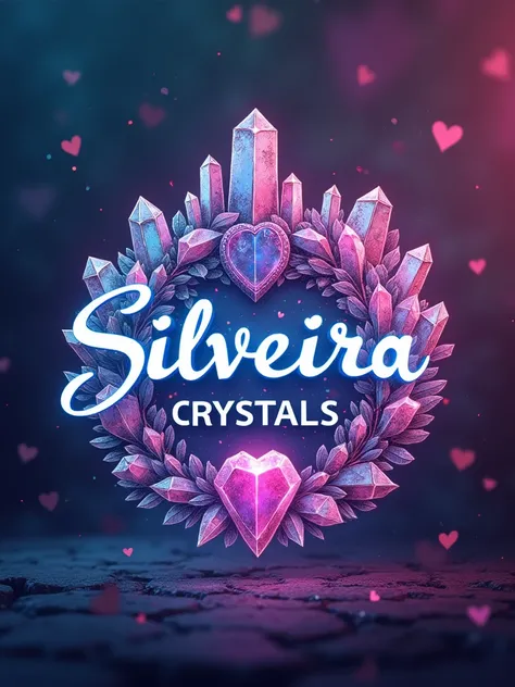 business logo with the name Silveira Crsytals written with drawings in crests and quartz and hearts with a magical background with colorful colors with bright crystals and neon colors, high quality for a store