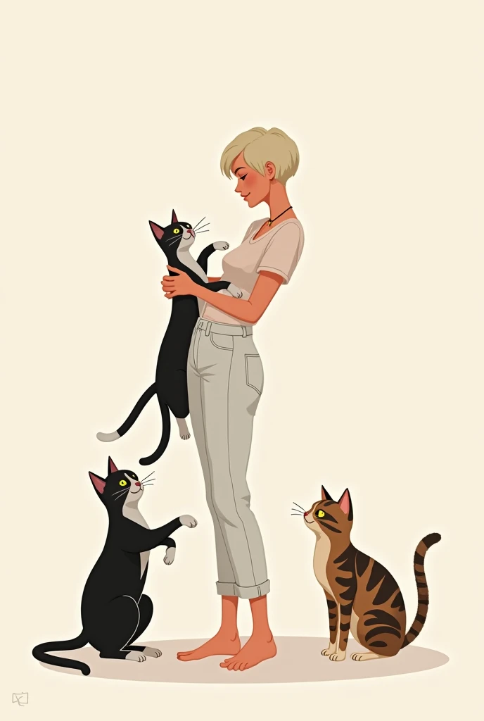 A skinny blonde with short hair , in white pants playing with 3 cats . a black cat, a black and white and a striped one