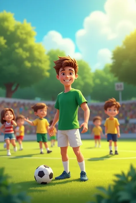 a young white guy with brown hair and eyes being a physical education teacher on a soccer field and wearing a green shirt and white shorts