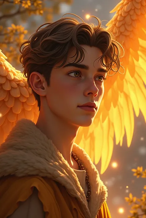 A 1 American teenage prince.

Her short brown hair and her honey-colored eyes.
Behind him a golden-colored dragon phoenix.
Must have American features. 