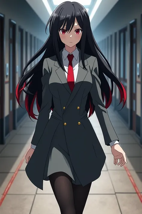 Boku no hero academia screenshot. beautiful woman, long black hair with red tips, slanted red eyes, serious expression on the face, uniform gray coat red tie, walking in a school hallway