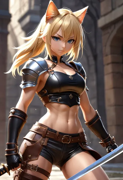 young, Blonde, Cat ear, (12, sweating), Trained abdominal muscles, Chiseled pectoral muscles, 真swordな表情, ((3D anime art style)), sword, Combat Stance, Leather Strap, Leather Armor