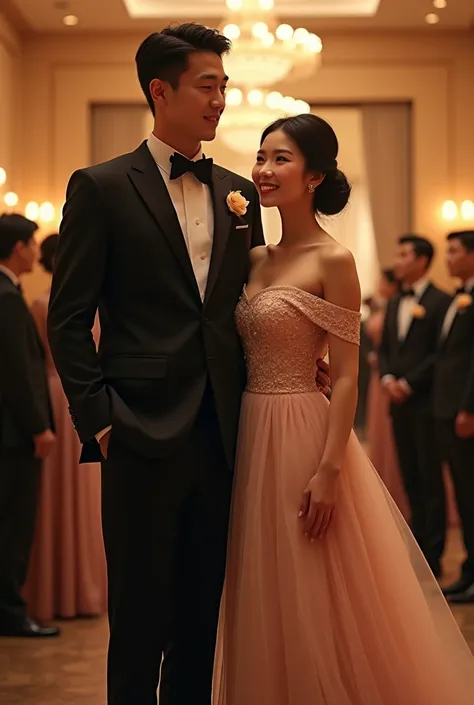 A korean guy and girl in formal wear attending an anniversary party. Guy is taller than girl. Girl is wearing offshoulder gown