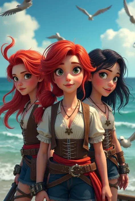 Three child pirate girls two with red hair and one with black hair