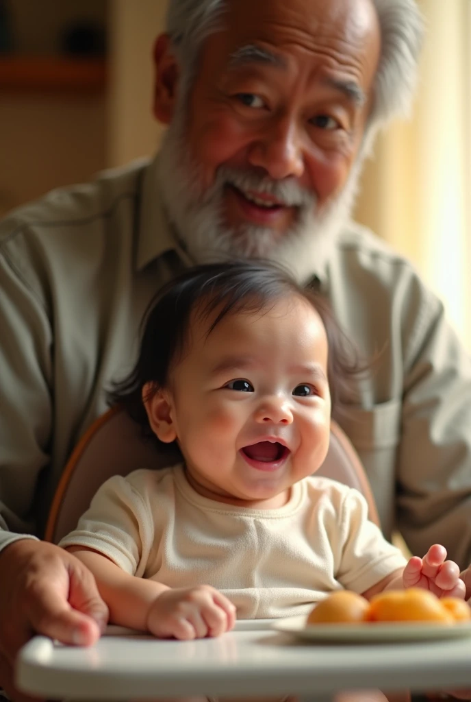 an indonesian baby celebrating her 6 month old age, sitting in a baby chair receiving her first solid meal. the baby is quite hairy Look happy and delightful. Her not young grand father of 50 look surprised standing behind. Photo realistic UHD image