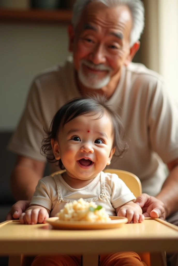 an indonesian baby celebrating her 6 month old age, sitting in a baby chair receiving her first solid meal. the baby is quite hairy Look happy and delightful. Her not young grand father of 50 look surprised standing behind. Photo realistic UHD image