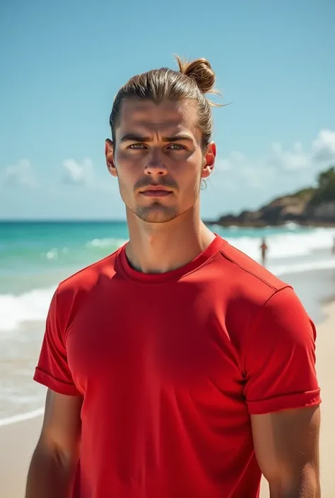 man with military haircut , Caucasian skin, Light brown bun hair,  lightbrown eyes. Red shirt on the beach on average 20 years 