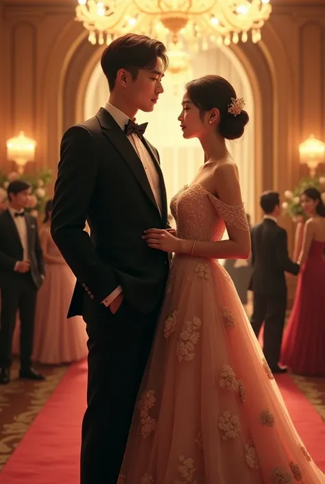 A korean guy and girl in formal wear attending a founding anniversary party. Guy is taller than girl. Girl is wearing offshoulder gown