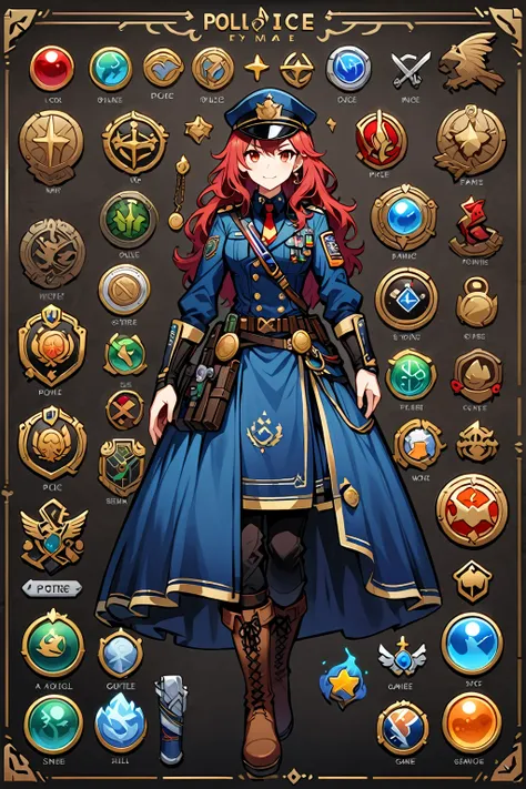 Framed Presentation of a police, man character design sheet for a video game with detailed accessories, boots, multiple icons, and police costume, Ball Gown, buttons to customize the character to your liking, sphere,(game icon),medal icon,rpg,(game icon),m...