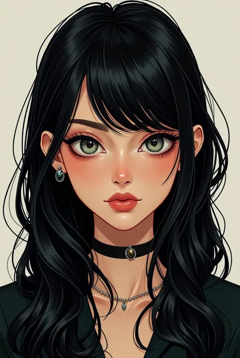 A beautiful girl with lined eyes and long black hair with a wolfcut in 2d style
