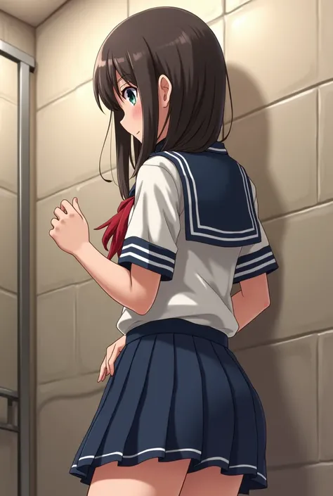 takahashi yui fucking in school restroom getting knocked up creampie wearing school uniform, someone is peaking at her