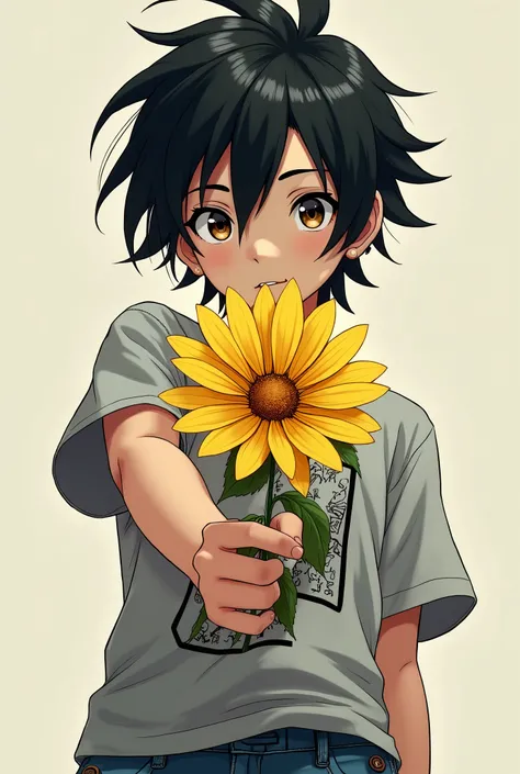 Teenager with messy black haircut and skater style and white skin and brown eyes offering yellow anime style flower