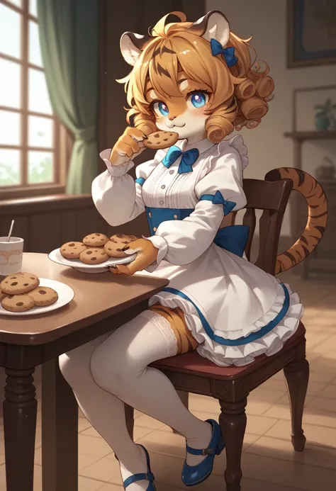 score_9, score_8_up) score_7_up, score_6_up, solo, tiger, kemono, anthro, cute, blue eyes, white pupils, curly hair, thigh highs, frilly dress, puffy_sleeves, bow, flats, small breasts, eating cookie, sitting on chair, table,